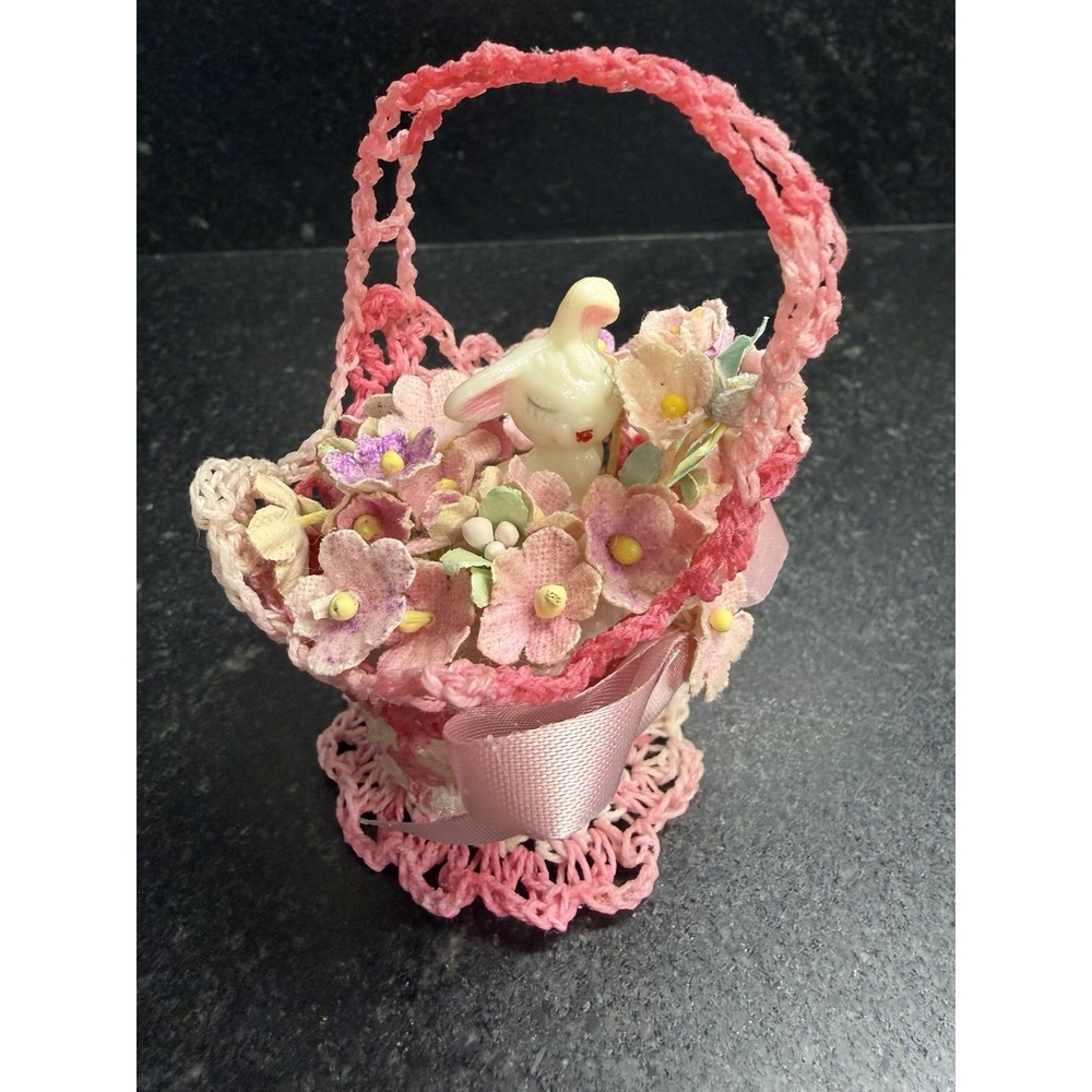 Vintage Easter‎ Bunny Basket Crochet Celluloid Rabbit Floral Miniature 4"